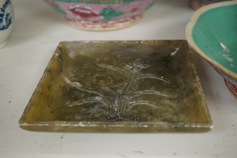 Three Chinese dishes, a famille rose stem cup, two hardstone threes and a soapstone dish